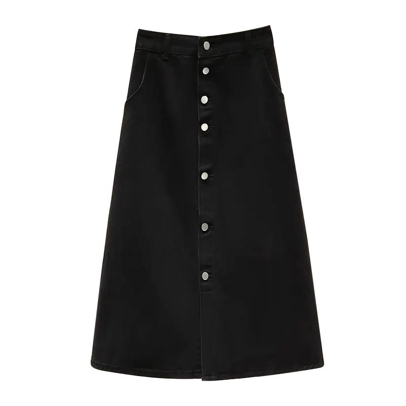 Ladies Fashion Denim Skirt Black High Waist Single breasted Knee Length Denim Skirt