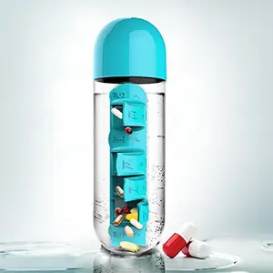 Botella de agua multifuncional para viajes Botellas de agua de plástico Tritan sin BPA personalizadas de 18oz con recordatorio de caja de almacenamiento de pastillas