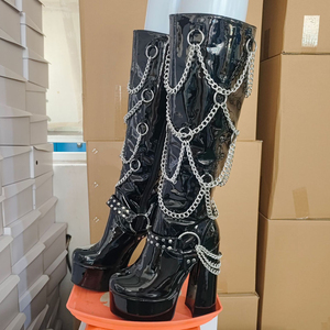 Botas Altas de Mujer con Plataforma Gruesa y Tacón Ancho, de Charol, con Cadenas Metálicas, Punta Redonda, Tallas Grandes hasta la 47 - Product Image 5