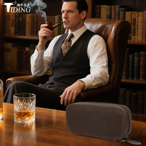 Étui à pipe en cuir Tiding, ovale, brun foncé, portable, pour accessoires de cigares - Product Image 2