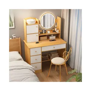 مخصصة فاخرة أبيض رمادي طاولة خلع ملابس مكتب التزيين مع مصباح ليد ومرآة لغرفة المعيشة