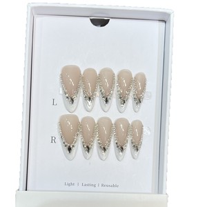 Uñas Postizas de Vestir con Diseño de Cristales Apilados, Elegantes, Color Nude Blanco Francés, Hechas a Mano, de Lujo - Product Image 5