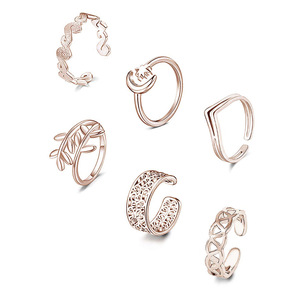 Stainless Steel <b>Open</b> <b>Ring</b> Set With Hollow Plant Design Adjustable Stackable <b>Rings</b> For Daily Wear Unisex Casual Style - Product Image 3