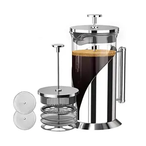 法国压榨咖啡机，配有3层过滤器、金属法国压榨咖啡壶、银不锈钢和玻璃法国Pre