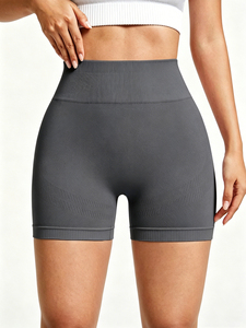 High Waist Ribbed <b>Yoga</b> <b>Shorts</b> Solid Blue Seamless Four-Way Stretch Spandex Polyester Women's Workout <b>Shorts</b> - Product Image 6