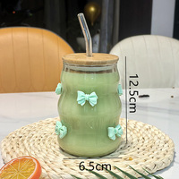 Mug en verre borosilicate résistant à la chaleur avec nœud décoratif, couleur unie, couvercle en bambou et poignée – Idéal pour le café, les jus ou le thé au lait au bureau