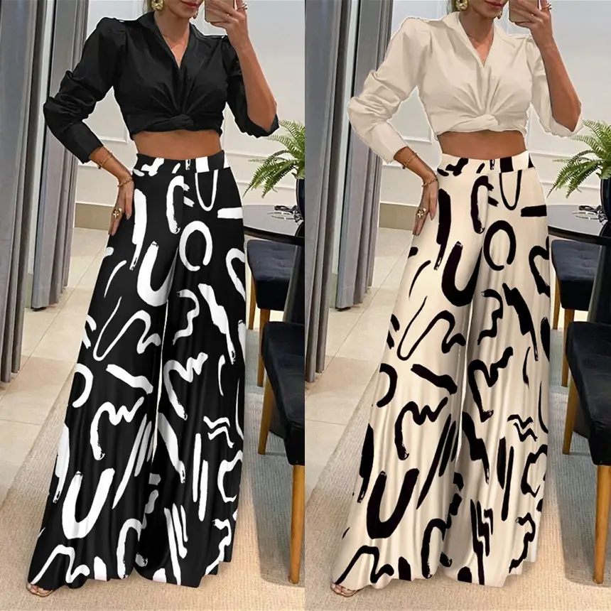 2023 Grace Ladies Sexy Color block Printing Summer Two Piece Pants Suits Shirt Women Trousers Sets
