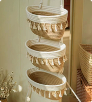 Panier de rangement à 3 niveaux en corde de coton tressée naturelle, à suspendre au sol, multifonction, pliable, décoration de Noël