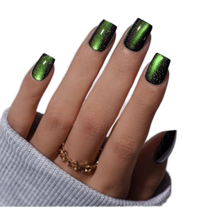 <span class=keywords><strong>Uñas</strong></span> Postizas KQueenest Efecto Ojo de Gato, <span class=keywords><strong>Cortas</strong></span>, con Brillo, Verde Neón, Negro Brillante, Forma Ataúd Oscura, Acrílicas, Pre-Diseñadas, 30 Piezas, para Mujer - Product Image 1