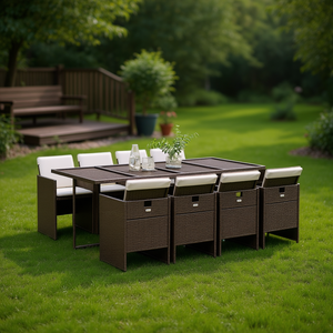 Ensemble de salle à manger de jardin en polyrotin brun, 8 places, pliable, mobilier de jardin, style contemporain - Product Image 2