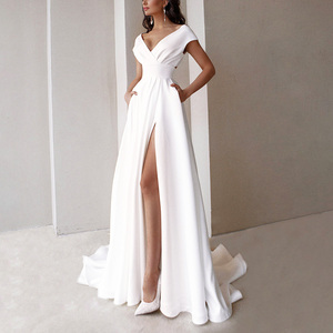 Tùy Chỉnh Satin Đính Cườm Strapless Cao Slit Roupa Vestido Largo De Mujer Váy Cưới Áo Choàng Haute Couture Ăn Mặc - Product Image 1