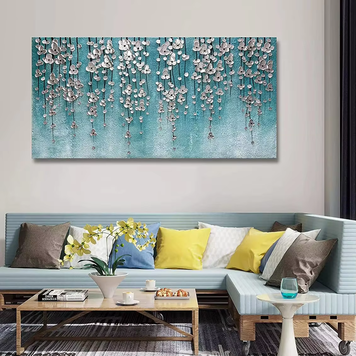 Handgemaltes Ölgemälde Auf Leinwand, 50x100 Cm – Abstrakte Blumen-Landschaft, Für Wohnzimmer & Deko