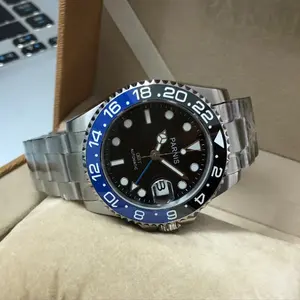 Relógio Masculino Automático Mecânico Fashion Parnis 40mm com Bezel Preto e Azul, Caixa de Metal, Vidro de Cristal de Safira GMT - Product Image 3