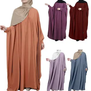 Wholesale abaya dress plus-Wholesale solid color Nida Jilbab Arab Plus size bat sleeves Muslim women prayer dress Abaya