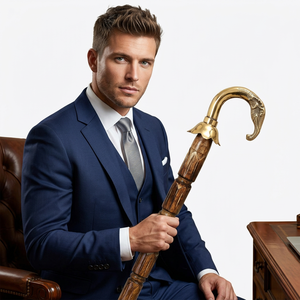 Antique Wooden Walking Stick With Brass Elephant Handle Carved Solid Wood Handmade Cane Decorative Home Accessory - Product Image 1