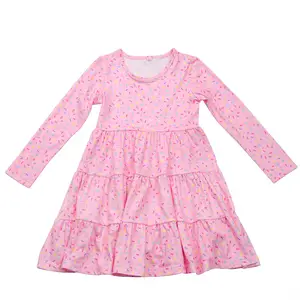 Grosir baju bayi perempuan lengan panjang cetakan es krim gaun katun pink putar anak perempuan