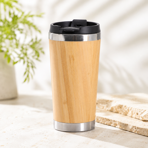 Vaso Térmico de Acero Inoxidable y Bambú con Tapa, Diseño Minimalista para Viajes - Product Image 1