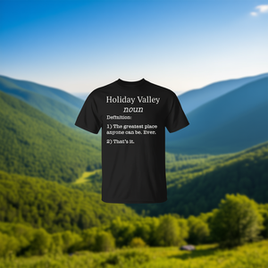 T-shirt Holiday Valley noir unisexe pour adulte, col rond, manches courtes, imprimé sérigraphié, design définition, cadeau souvenir - Product Image 3