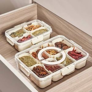 Boîte de rangement portable en plastique pour épices et collations, plateau de service transparent à compartiments avec couvercle et poignée - Product Image 2