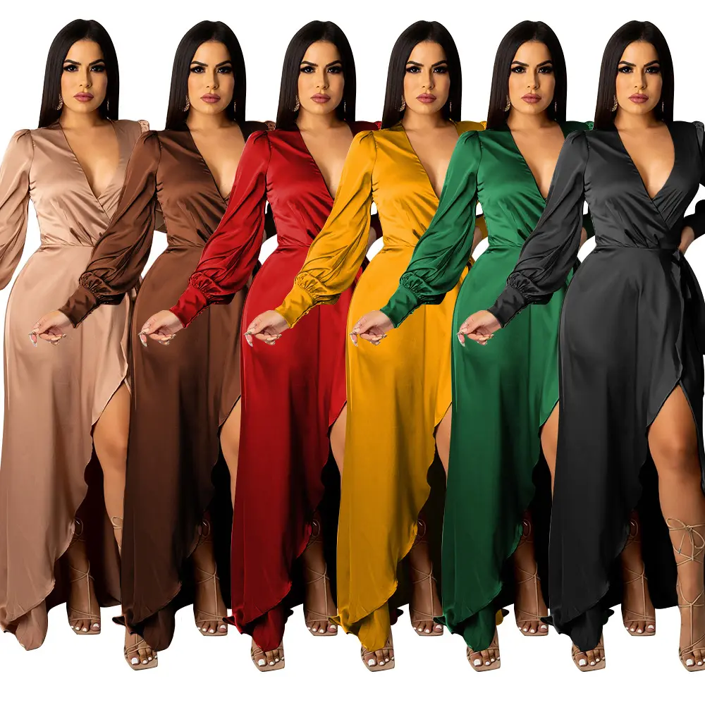 Prered missy Lady Maxi Vestidos Dress V neck shirt dresses long sleeves with Casual wear dresses with sexy slit