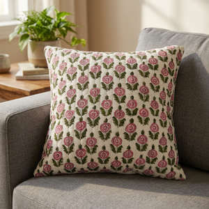 Bohemian Floral Block Printed Voile Cotton Square Home Decor Cushion & <b>Throw</b> Pillow Cover with Pleated Quilted Design - Product Image 3