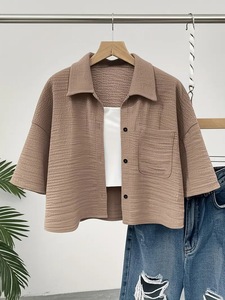 Frühling Sommer Damen Revers Crop Kurzarm-Hemd Modische Lässige Einfarbige Knopf-Taschen Midi-Länge Bluse - Product Image 3