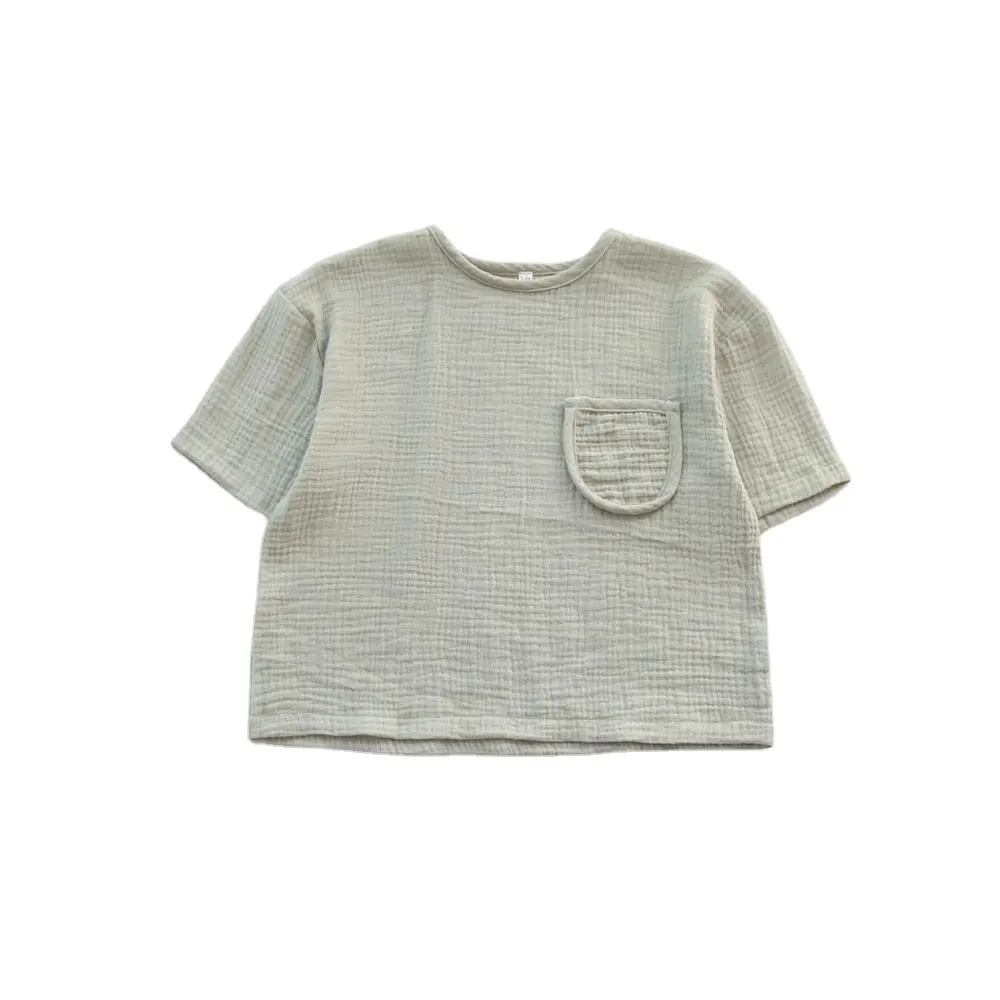 Most Popular Muslin Cotton Baby Clothing T-Shirts Plain Short Sleeve Pocket Design Baby Unisex T-Shirts