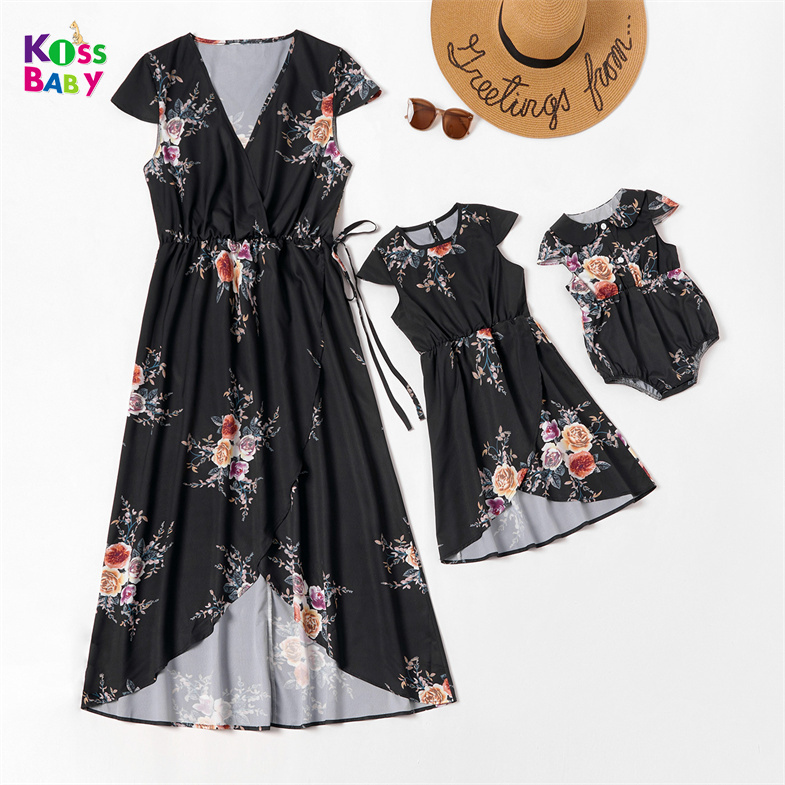 2021 new summer family matching outfits mommy and me solid dress parent-child clothes