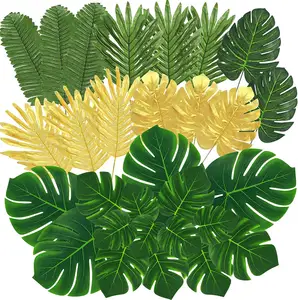 100 buah 8 jenis daun palem buatan daun Monstera tropis daun emas imitasi untuk Hawaii Luau dekorasi meja pesta ulang tahun