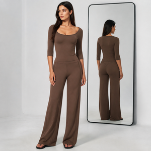 Ensemble de yoga 2 pièces pour femme : haut à col rond et manches 3/4, pantalon large, tenue de sport et de détente avec logo personnalisé, vêtements de sport - Product Image 2