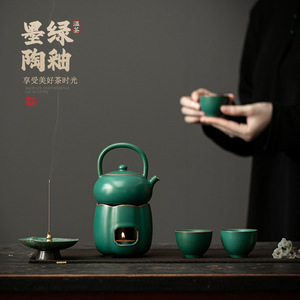 Ensemble chauffe-thé en céramique vert foncé avec base à bougie pour la préparation du thé en voyage - Product Image 4