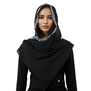New Design Chiffon Brand Embroidery Scallops Floral Shawl Fancy Embroidery Edge Chiffon Muslim Hijab Scarf