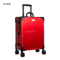 Valise de maquillage portable en aluminium rouge tendance avec miroir LED, poignée souple et fermeture à clapet