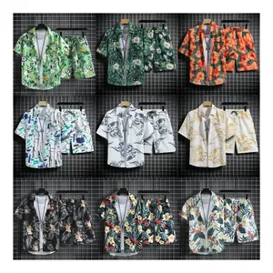 Stock été hawaïen plage polyester chemise à séchage rapide homme ensemble deux pièces short et chemise ensemble pour hommes