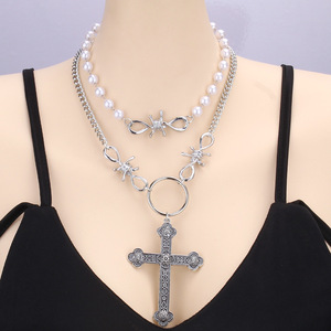 สร้อยคอจี้รูปกากบาทมุกเทียมสองชั้นดีไซน์ทรงเรขาคณิตเครื่องประดับแฟชั่นสำหรับงานปาร์ตี้ - Product Image 1