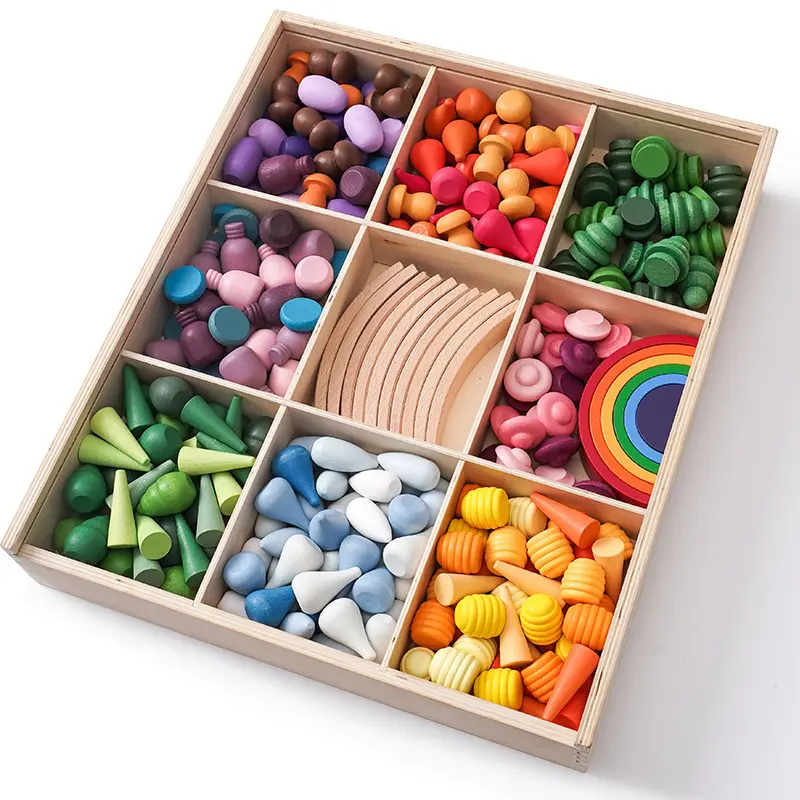 बच्चों का प्यारा लकड़ी का खिलौना सेट नाटक मोंटेसरी शैक्षिक बच्चों के लिए रंगीन इंद्रधनुष बिल्डिंग ब्लॉक बच्चों के लिए
