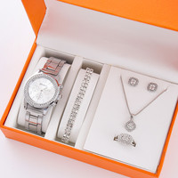 Magnifique Ensemble Scintillant 5 Pièces Montres à Bracelet en Acier pour Femme, Collier et Boucles d'Oreilles, Montres à Quartz pour Dames