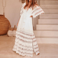Robe longue de luxe formelle à col en V et manches courtes, avec appliques en dentelle, en polyester/coton, coupe ample, patchwork, pour femme, décontractée, quotidienne, pour l'extérieur
