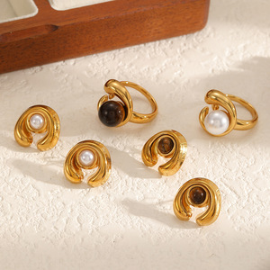 Geometric <b>Gold</b> Tone <b>Ring</b> And Earrings <b>Set</b> With Pearl And Amber Inlay Stainless Steel Jewelry Gift For Women - Product Image 2