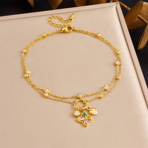 Tobillera de Acero Inoxidable con Colgante de Doble Cadena y Dijes de Diamantes, Cereza, Estrella de Mar, Flor, Estrella y Luna, Estilo Coreano, para Mujer - Product Image 6