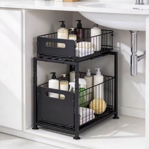 Double Layer <b>Steel</b> Sliding Storage Rack Pullout Organizer <b>Shelf</b> Bathroom Kitchen Cabinet Under Sink Storage Holder - Product Image 1
