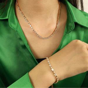 Fashion Jewelry <b>Set</b> Zircon Necklace Stainless Steel <b>Bracelet</b> Channel Setting Geometric Design Party Wear - Product Image 4