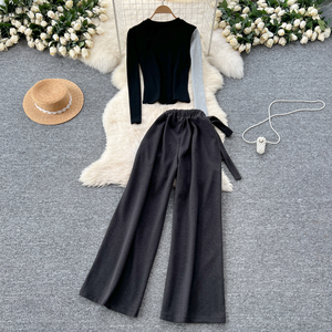 Conjunto de Pantalones Anchos de Lana de Cintura Alta con Tirantes y <span class=keywords><strong>Camiseta</strong></span> Sexy con Bloques de Color para <span class=keywords><strong>Mujer</strong></span>, Otoño, Venta al por Mayor de Boutique - Product Image 4