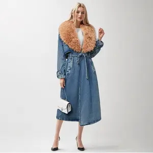 LE2208 Europe and the United States street style niche trench coat spring new hair collar removable long cowboy wide woman coat