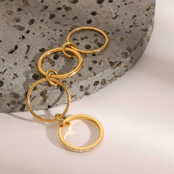 J&D 18K Gold Plated Stainless Steel White Rhinestone Ring Interlocking ...