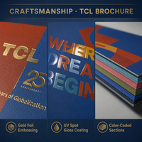 Brochure d'entreprise personnalisée avec logo gaufré à l'or, revêtement brillant UV, onglets de section codés par couleur, impression couleur, papier couché