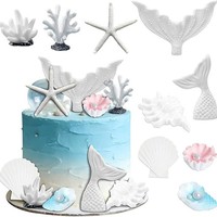 Lot de 9 décorations de gâteau sirène Océan : queue de sirène, aileron, étoile de mer, corail, coquille, perle, coquille Saint-Jacques, conque – Fournitures pour mariage et anniversaire