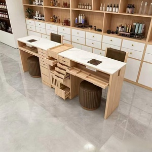 Modern Wood Nail Table Salon Furniture White Marble Look <b>Workstation</b> with Drawers for Beauty Studio - Product Image 2