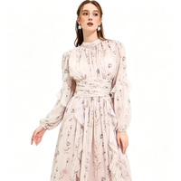 Robe longue tissée à imprimé floral bohème pour femme, col montant, manches bouffantes, dos fluide, légère, idéale pour l'été, la plage et les vacances décontractées