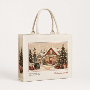 Bolsa de Tela de Algodón Reutilizable y Lavable con Diseño Navideño de Pueblo Nevado, Tienda y Árbol de Navidad Decorado - Product Image 1